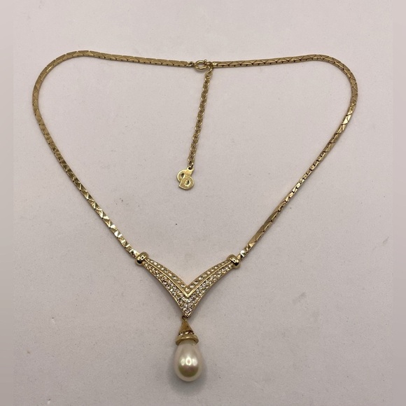 Vintage 1980s Signed Christain Dior Gold Plated Necklace Crystals Faux Pearl - Picture 2 of 9